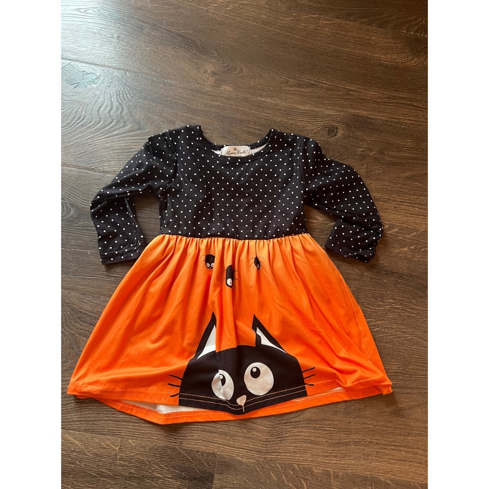 Marie Nicole Clothing Girls Halloween Black Cat Polka Dot Dress Orange Black XXS